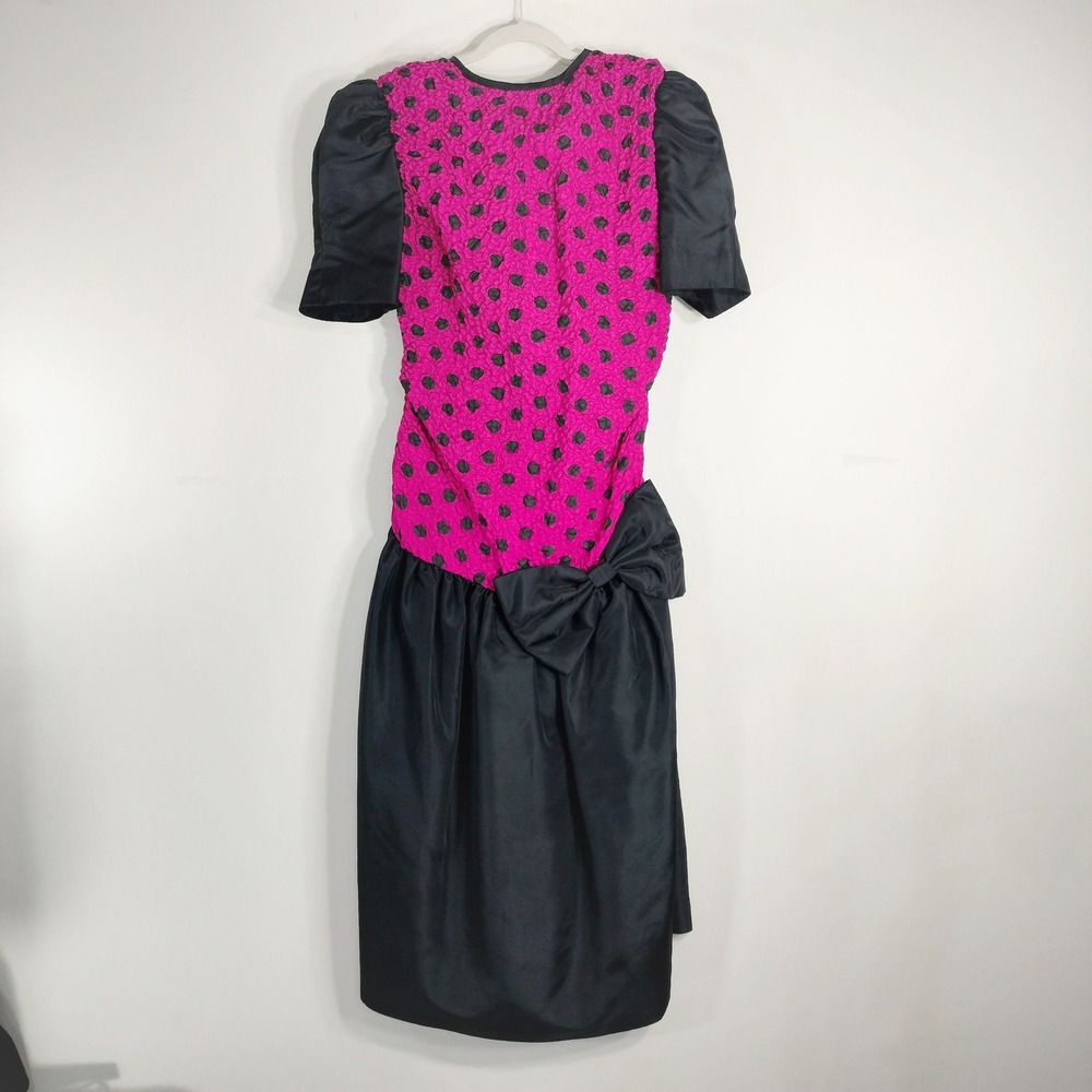 Plaza South Black Pink Dress; Vintage 80s Polka Dot Puff Sleeve Bow Accent